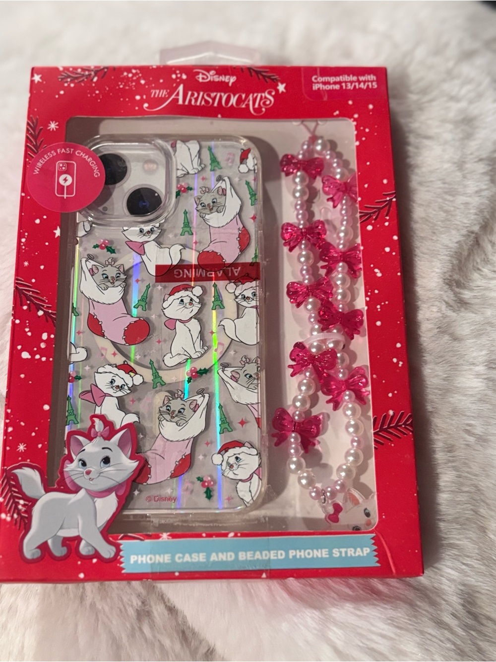 Disney The Aristocats Clear Cat Print iPhone Case with Pink Bow Beaded Strap